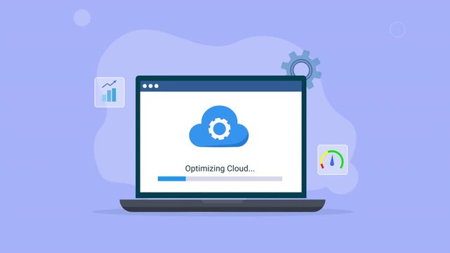 Animated laptop with Optimizing Cloud interface, cloud icon, analytics, and headphones elements, representing cloud computing, software optimization, digital technology, and data management.