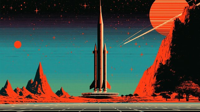 Tall retro pixel rocket stands on alien landscape beneath orange planet