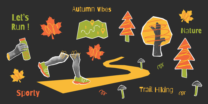 Y2K autumn trail running foot and shoes halftone collage elements set. Autumn season outdoor sport activity funky scrapbook stickers with doodle. Isolated cut out illustrations.