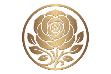 Elegancki złoty symbol róży zamknięty w okręgu, minimalistyczna ilustracja wektorowa kwiatu z liśćmi na białym tle, idealna jako luksusowe logo lub element dekoracyjny.