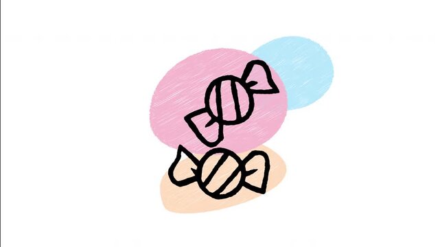 An animated hand-drawn pair of wrapped hard candies. Great for sweet shops, confectionery treats, party snacks, sugar goods, and kids snacks.