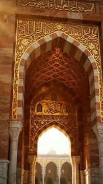 Ornate stone archway with alternating red‑white masonry, gleaming golden calligraphy & floral carvings; sunlit view through layered arches toward distant domed building, rich heritage craftsmanship.