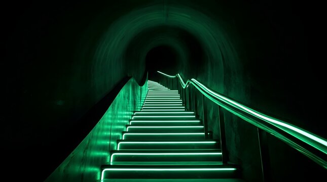 Futuristic Ascending Staircase with Glowing Green Neon LED Lights in Dark Interior Tunnel