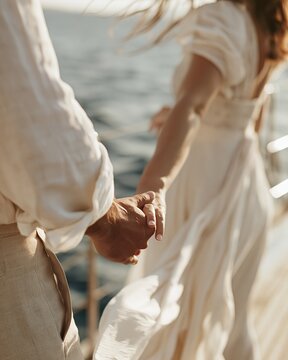 Closeup of couple holding hands aboard yacht during golden-hour sail intimate romantic moment, with couple, hand, yacht, sailing detail, showing ocean, closeup, intimate, romantic context