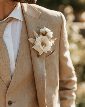 Close-up groom boutonniere pinned to textured beige lapel with patterned waistcoat and white shirt in warm outdoor light, with boutonniere, lapel, groom, beige detail