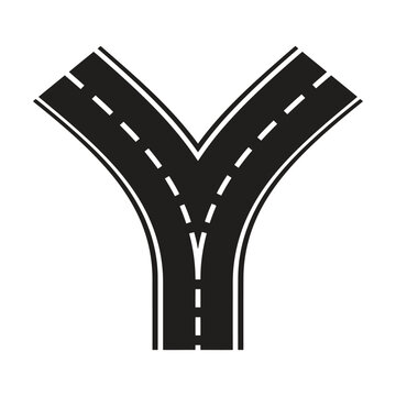 Black road icon showing a fork in the path with two directions splitting off into a y shape Vector