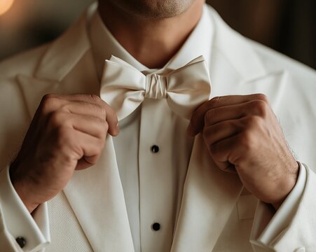 Close-up groom adjusting textured bow tie on tuxedo jacket before wedding ceremony, warm light highlighting tailored lapel, dress shirt studs, and formal finishing touch