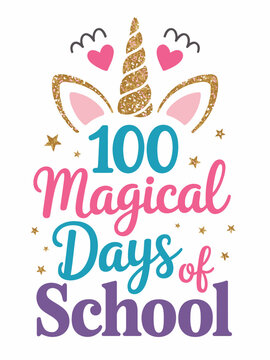 100 Magical Days of School unicorn horn glitter graphic for kids