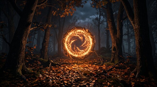 Mystical glowing fire portal with ancient runes in dark autumn forest, fantasy magic gateway