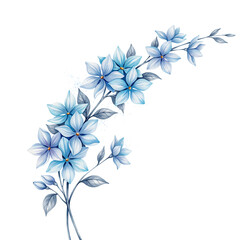 Fototapeta premium A delicate branch of blue flowers with grey leaves isolated on a transparent background