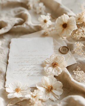 Flat lay wedding invitation suite with delicate calligraphy on textured paper surrounded by neutral silk fabric and dried floral accents for romantic stationery concept