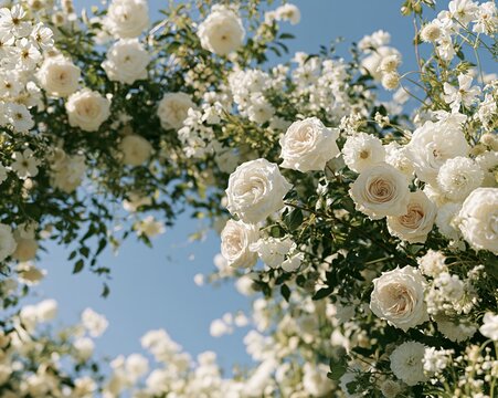 Arch of white and cream roses with lush green foliage against blue sky in outdoor garden, with rose, white, cream, flower detail, showing arch, foliage, greenery, petal context