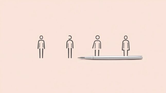 Conjunto de s&iacute;mbolos humanos minimalistas y modernos, junto a un bol&iacute;grafo de l&iacute;neas limpias y sombreado sutil, sobre un fondo de tono rosado suave
