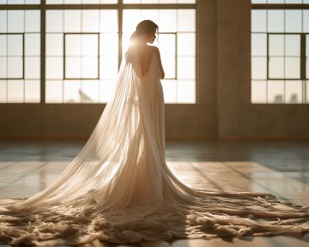 Full-length bride standing by large industrial window with long lace train backlit by warm sunlight, with bride, wedding, gown, lace detail, showing train, veil, backlit, sunlight context