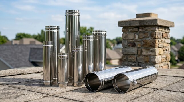 Cylindrical stainless steel pipe segments for flue safety and chimney venting upgrade on a roof.