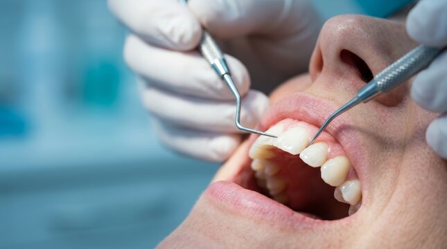 A periodontic and restorative dental care session during a professional examination.