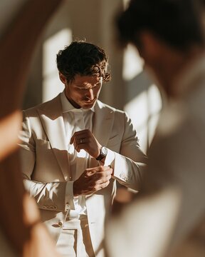 Groom adjusting cufflinks before wedding ceremony in front of mirror, warm natural light, tailored suit, focused expression, refined preparation in elegant interior setting