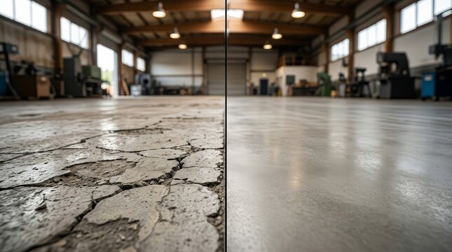 Deteriorated cracked concrete versus smooth repaired flooring in an industrial workshop environment.