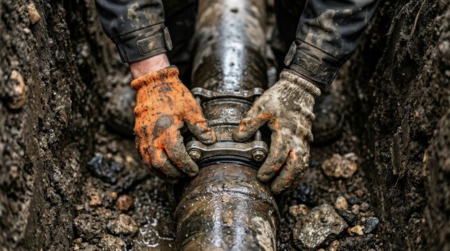 Urgent pipe maintenance work with gloved hands fixing a sewer line in the dirt.