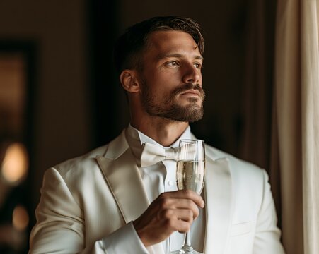 Groom in white tuxedo holding single champagne flute looking out window with contemplative expression in warm indoor light, with groom, man, tuxedo, white detail