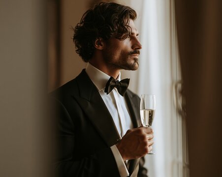 Groom in tuxedo holding champagne flute looking out window with contemplative expression in warm indoor light, with groom, tuxedo, champagne, flute detail, showing window, contemplative, profile