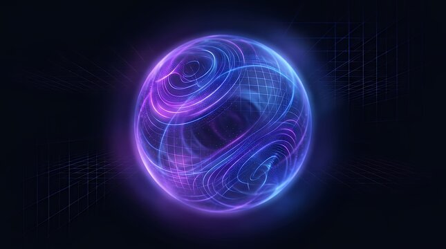 Glowing Blue and Purple Abstract Light Sphere with Soft Digital Gradient Grids on Dark Backdrop sphere glowing blue purple light abstract digital gradient dark background orb ball futuristic