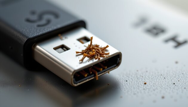 The image shows a close up of a USB flash drive with the cap removed, revealing the metal connectors. Small bits of dried, brown plant material are scattered across the surface of the connector
