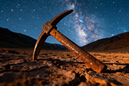 Rusty pickaxe lying on cracked earth under a starry night sky with the Milky Way visible