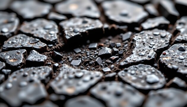 The image depicts a close up view of broken dark chocolate pieces scattered on a surface, with some of the pieces topped with droplets of water or condensation