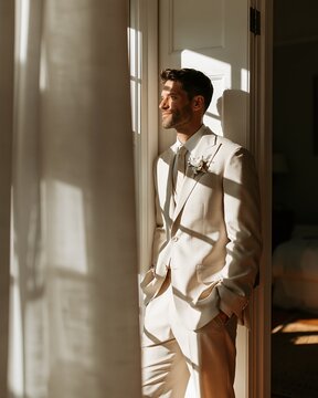 Groom in light-colored suit standing in sunlit doorway with hands in pockets and gentle smile, with groom, man, suit, portrait detail, showing doorway, sunlight, shadow, hand context