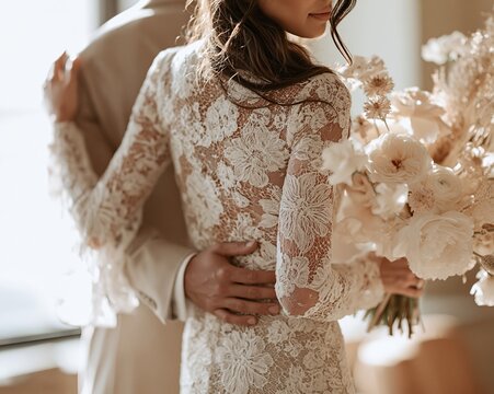 Groom embracing bride from behind with hand on waist and lace gown in warm sunlight, with bride, groom, wedding, lace detail, showing bouquet, embrace, waist, hand context