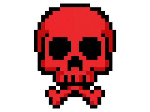 Retro 8-bit red pixel skull icon isolated on white background for vintage gaming design elements and digital art graphic projects