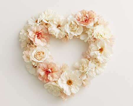 Heart shaped wreath of ivory and blush flowers arranged on neutral background with soft top lighting and symmetrical composition, with wreath, heart, flower, floral detail