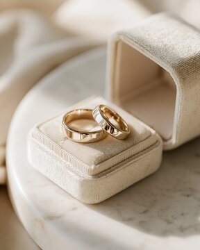 Macro wedding rings on plush jewelry box with soft neutral fabric and marble surface elegant bridal still life, with ring, wedding, gold, jewelry detail, showing engagement, bride, bridal, marriage