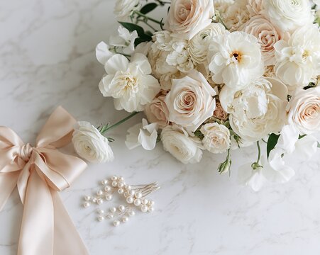 Overhead flat lay of bridal bouquet with silk ribbon pearls on marble surface for wedding styling and invitation imagery, with bridal, bouquet, rose, pearl detail