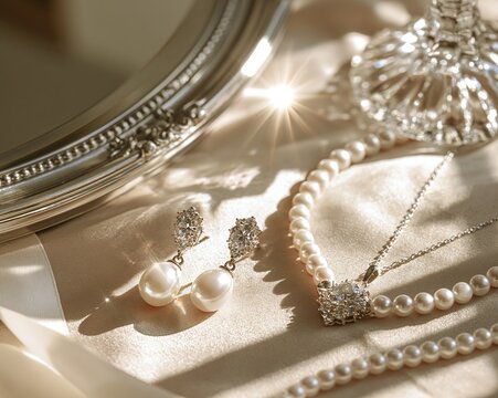 Pearl drop earrings and delicate pearl necklace displayed on satin vanity with soft warm light and vintage mirror reflection, with pearl, earring, necklace, satin detail