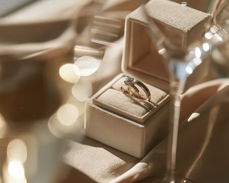 Two gold rings in textured jewelry box with warm bokeh lighting romantic closeup, with ring, gold, jewelry, engagement detail, showing wedding, proposal, bridal, pair context