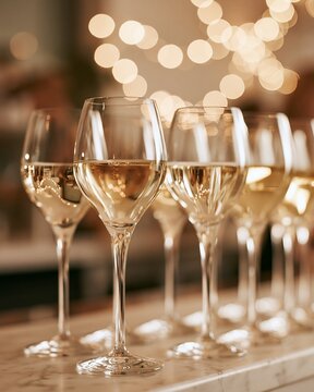 Row of filled champagne glasses aligned on marble bar with warm bokeh lights, with champagne, glass, row, filled detail, showing sparkling, bubble, marble, bar context