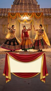 Navaratri celebration showing Indian woman performing traditional garba dandiya dance, wearing colorful chaniya choli near temple, holding wooden stick under festive illumination banner.