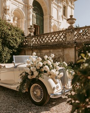 Vintage cream convertible decorated with white floral arrangement parked beside ornate stone building in soft daylight wedding scene, with vintage, convertible, cream, car detail