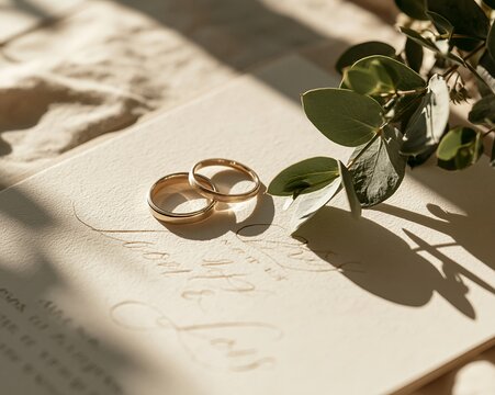 Gold wedding rings resting on handwritten calligraphy invitation with soft natural light, eucalyptus accent, and refined romantic still life composition, with wedding, ring, gold, invitation detail