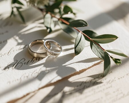 Two wedding rings resting on handwritten calligraphy invitation with leafy sprig and soft sunlight casting shadows, with wedding, ring, engagement, jewelry detail