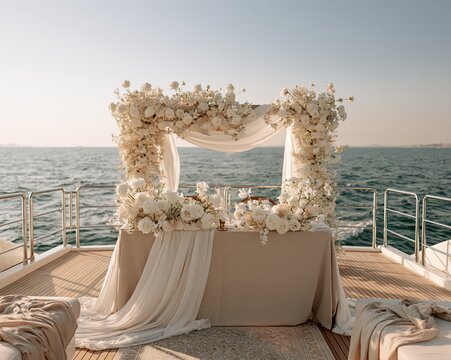 Intimate floral wedding arch set up on yacht deck overlooking calm sea at golden hour with soft neutral decor and draped fabric, with wedding, yacht, arch, floral detail