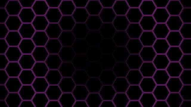 Dynamic neon hexagon grid pulsating with glowing purple and blue fitness motion graphics background