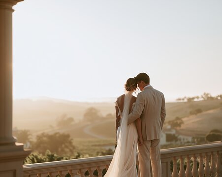 Bride and groom embracing on balcony overlooking sunlit rolling hills at golden hour with warm backlight and romantic atmosphere, with bride, groom, wedding, balcony detail