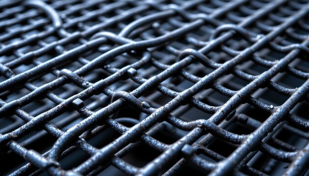 The image features a close up view of a dense, interwoven metal grid or mesh. The metal bars are arranged in a crisscross pattern, creating a series of rectangular openings