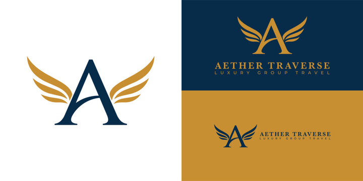 An elegant logo for a luxury group travel company, featuring an abstract 'A' with graceful wings. This design symbolises premium journeys and sophistication and has a clean, timeless, minimalist look.