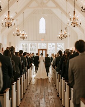Wide aisle view of bride walking toward altar in bright chapel filled with standing guests, with wedding, bride, aisle, chapel detail, showing guest, pews, altar, ceremony context