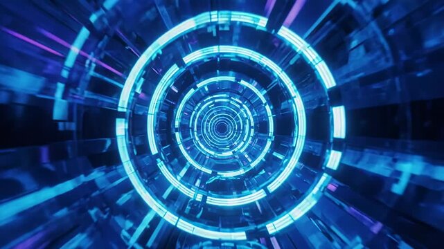 Abstract neon tunnel with concentric circles moving forward in purple and blue light