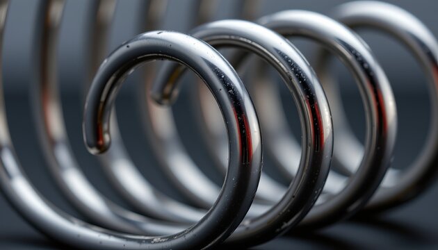 The image features a close up view of a row of metallic hooks or rings arranged in parallel, with a focus on their smooth, curved surfaces